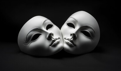 Two white drama masks, the mask on the left is sad and serious with closed eyes, while the one to its right has an open, smiling expression; dark background