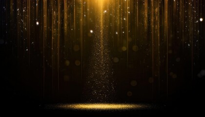 golden sparkling particles falling down with glowing lights on dark background, bokeh effect, cosmic scene, festive decoration