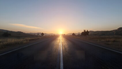 Fototapeta premium Empty road stretching into sunrise over desert landscape