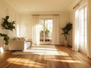 Montreal home's living room with a new wooden floor, showcasing the elegance and warmth of wood flooring, with white walls and curtains in soft lighting.