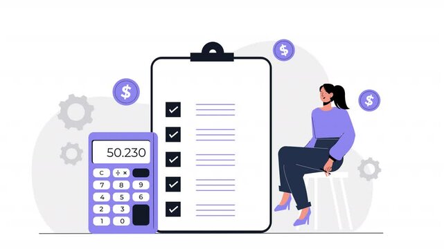 Flat vector scene animation illustrating accounting activities like budgeting, invoicing, and tax preparation, with characters using accounting software or spreadsheets to manage finances.
