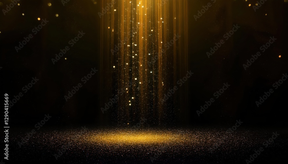 Poster golden sparkling particles falling down with glowing lights on dark background, bokeh effect, cosmic