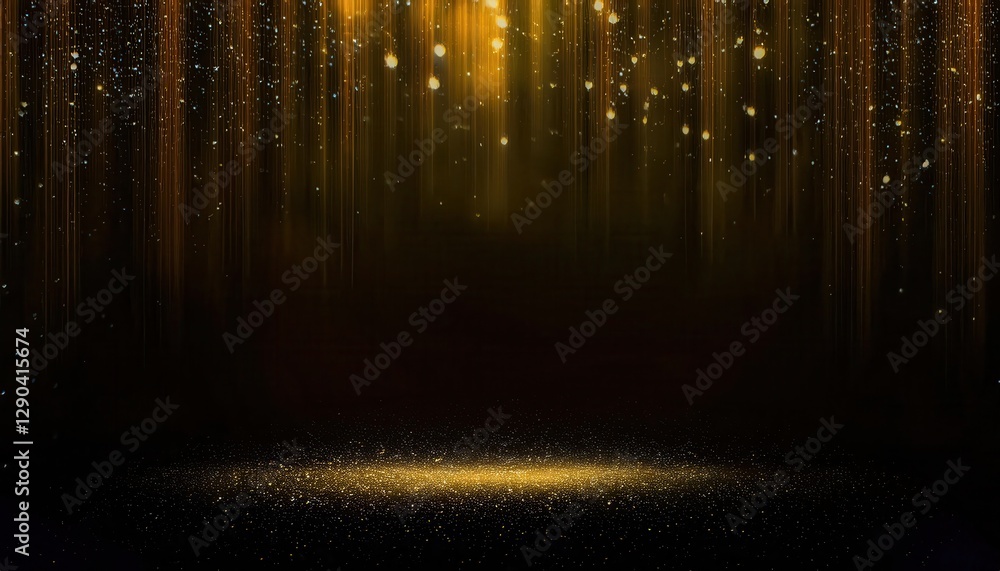 Poster golden sparkling particles falling down with glowing lights on dark background, bokeh effect, cosmic