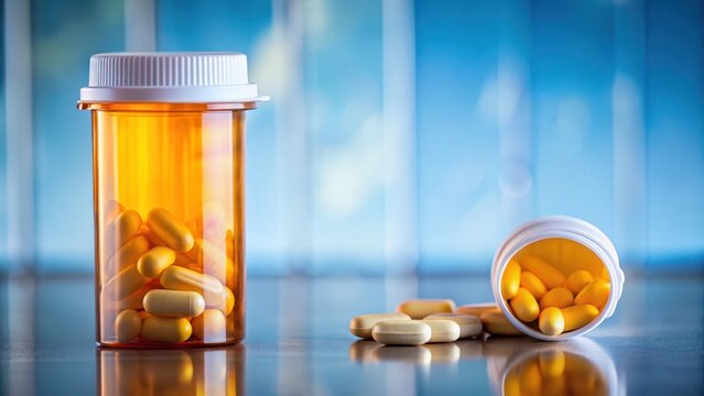Detailed image of a prescription medication bottle containing naltrexone pills, with a medical background and a pill box on the side, medication, health