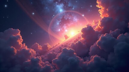 A titanic collision of two galaxies, streams of stardust intertwining, gravitational forces warping reality, nebular clouds glowing in purples, blues, and fiery oranges in Magical Realism.