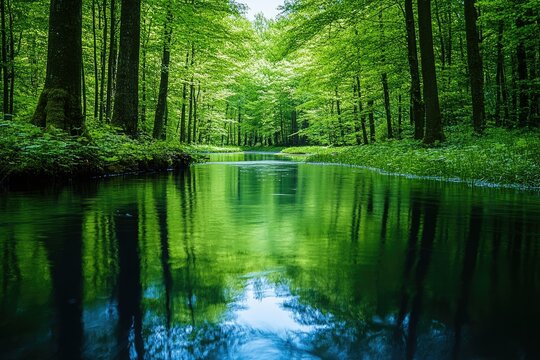 Serene river reflecting lush green trees in a tranquil forest.