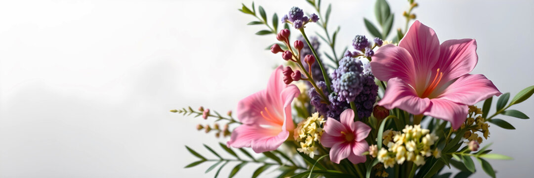 Delicate flowers on background with copyspace. Spring greeting card template	