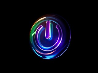 A semi-transparent, three-dimensional power button icon with a glossy rainbow sheen. Represents startup or power-on. Dark black background.