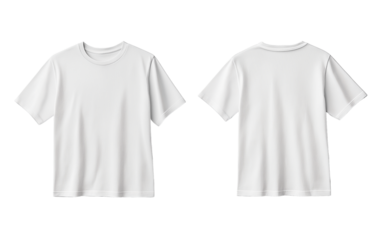 White T-shirt template, front and back, isolated on a transparent background, in a flat lay arrangement, a mock-up for design presentation