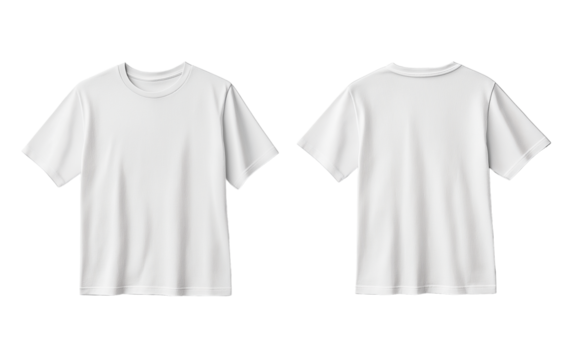 White T-shirt template, front and back, isolated on a transparent background, in a flat lay arrangement, a mock-up for design presentation