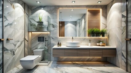 A modern bathroom with a sleek glass mirror above a minimalist sink, surrounded by marble countertops and a wall-mounted toilet , Minimalist Design, Wall-Mounted Toilet
