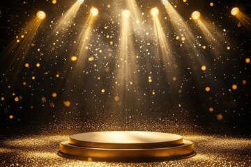 The golden stage background is decorated with sparkling lights and glitter, creating an atmosphere of celebration for the award ceremony.