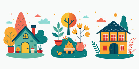 Cozy autumn scenes with houses and gardens for seasonal decor
