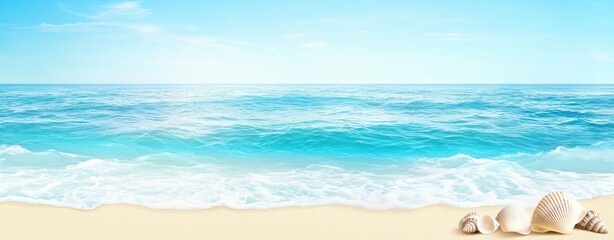 Tropical Beach Scene with Clear Blue Ocean Waves, Sandy Shore, and Seashells Under a Bright Sky for Relaxation and Summer Travel Themes
