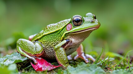 Fototapeta premium Green frog on grass, rainforest background, nature photography