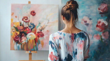 young woman stands in bright art studio, painting colorful floral canvas with focus and creativity