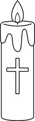 Cross Candle outline.
lit white candle cross coloring page.
Religious Candles with Cross.
Flat stock vector illustration.
Transparent background.
