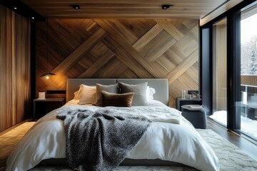 Modern Luxury Bedroom with Wooden Wall Accents