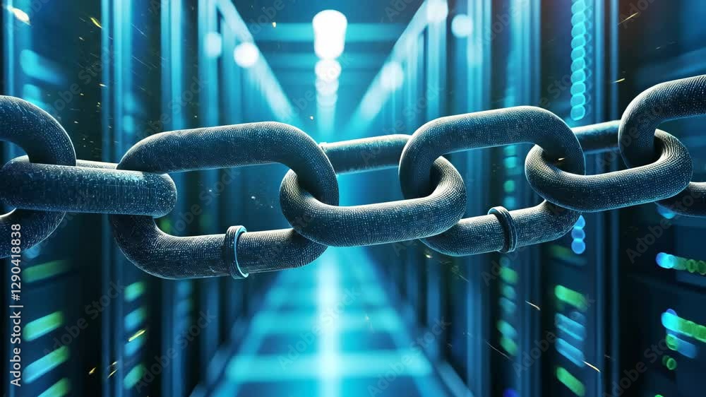Poster data processing with chain concept visualized in a modern server room environment, data processing w
