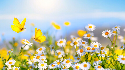 Beautiful wild flowers daisies and butterfly in morning cool haze in nature spring close-up macro. Delightful airy artistic image beauty summer nature.