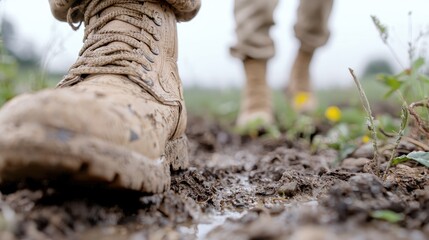 Fototapeta premium Muddy boots walking field, blurred soldier background, outdoor military training, stock photo