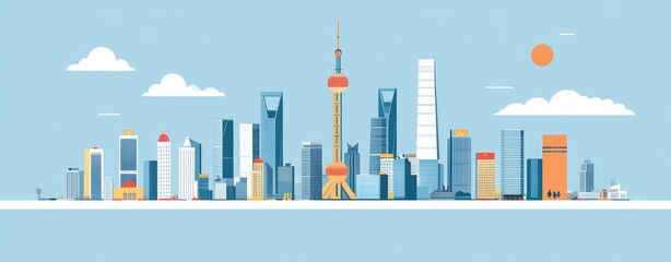 Obraz premium A sky blue color palette and a white background. The design features simple shapes and a minimalistic style. The light blue sky has the sun shining on it.