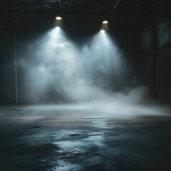 A dimly lit room with a concrete floor, filled with smoke and illuminated by soft spotlights