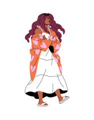 Young black woman in trendy dress walks. Happy African American girl is wearing fashion clothes. Female in stylish summer outfit goes, strolls. Flat isolated vector illustration on white background
