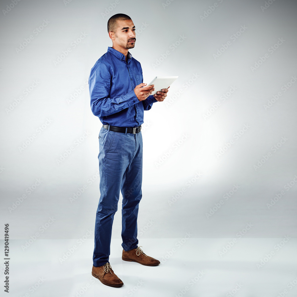 Poster business, thinking and man in studio, tablet and professional on gray background. person, model and 