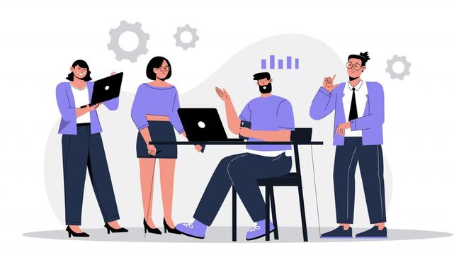 A flat character animation that illustrates business consulting, showing consultants helping companies overcome challenges and implement effective growth strategies.