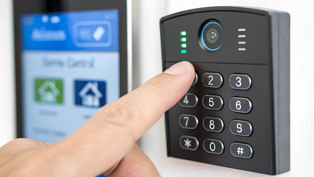 home security smart lock deterrence response A hand interacting with a digital keypad and security system display.