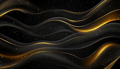 Abstract gold waves on black background with glitter particles
