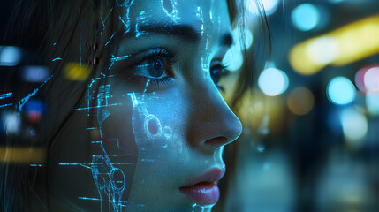 close up of woman face with digital facial recognition overlay, highlighting technology and identity in futuristic setting. background is blurred with bokeh lights