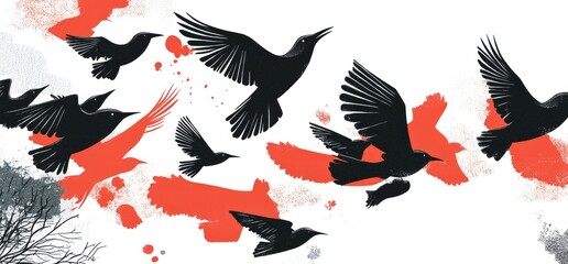 Flock of birds flying, simple design, white background, simple lines, vector graphic, flat illustration style, no shadows