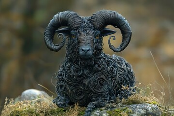Obraz premium Detailed black ram sculpture with curly wool resting outdoors