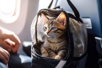 A kitten sits on a plane seat inside a secure carrier, It blinks sleepily as its owner adjusts the bag, Generative AI