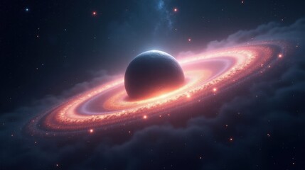 Obraz premium A luminous ring galaxy floating in the endless void, glowing outer rim shimmering with countless stars, a hypnotic blend of cosmic dust and nebular brilliance in Magical Realism.