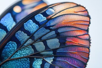 Close-up of iridescent butterfly wings showcasing vibrant blue, orange, and purple hues.