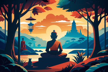 Vesak day meditation with buddha silhouette at sunset