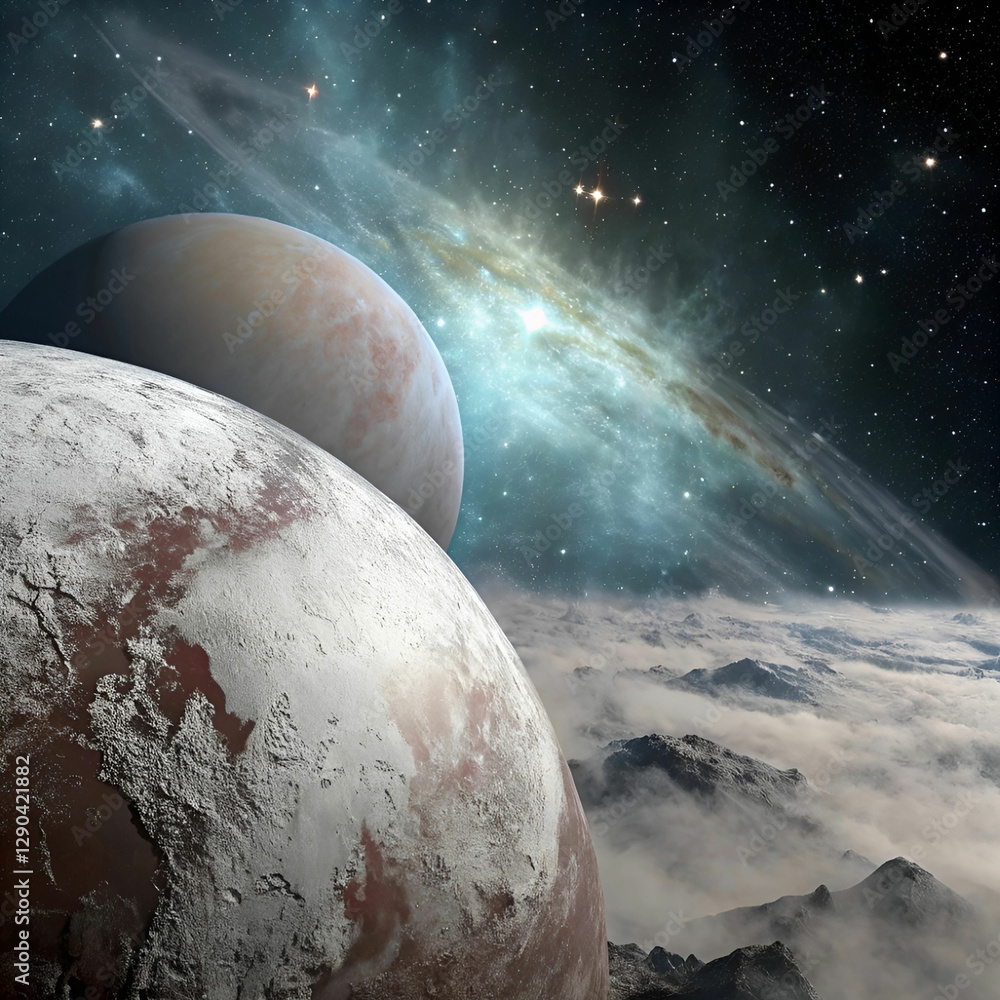 Poster an artistic rendering of pluto, blending realism with a touch of fantasy, showcasing its icy surface