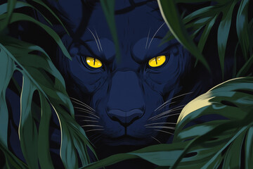 fierce black panther lurking in dense green foliage