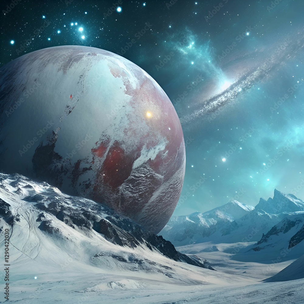 Poster an artistic rendering of pluto, blending realism with a touch of fantasy, showcasing its icy surface