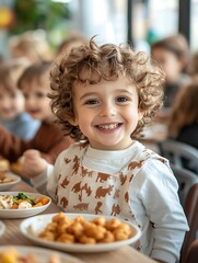 Happy Child Eating at Restaurant