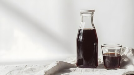 A bottle of cold brew coffee and a glass, elegantly placed on a white cloth to the right, against a clean white background.