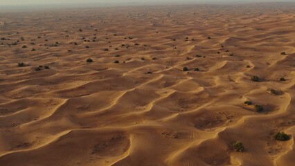 A bird's-eye view from a drone of sand dunes with traces of cars engaged in off-road driving
