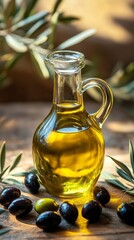 Golden Olive Oil in a Glass Bottle with Fresh Olives on Wooden Table