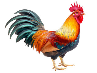 Fototapeta premium A colorful rooster with vibrant feathers, standing on a white background