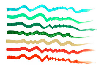 Lines of different colors are horizontally arranged on white background. The lines start flat, then turn into waves and curves. Marker samples. Blue, different shades of green, brown, red, orange.