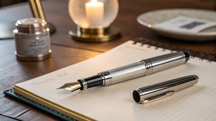 Ink and Inspiration: A silver fountain pen, poised elegantly on an open notebook, whispers of creativity and contemplation, bathed in the gentle glow of a candle's warm light.