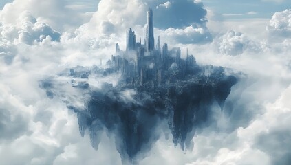 Floating city in the clouds, fantasy, aerial view, dramatic sky